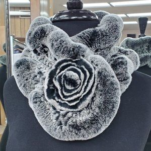 Rex Rabbit Fur Ruffle Scarf with Rose